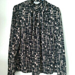 Pretty Vintage Lucia High Drape Neck Blouse Beige Black Abstract Large Chest 38"